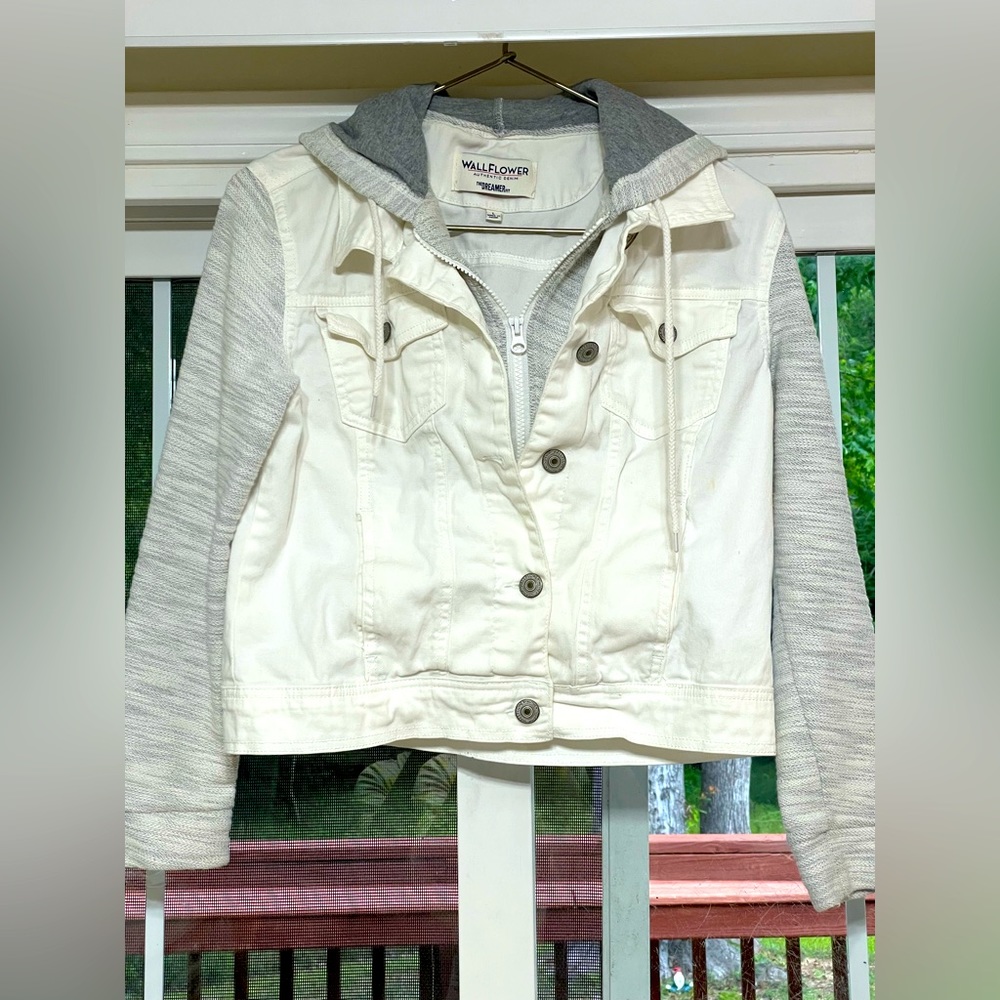 Wallflower denim jacket with grey sleeves